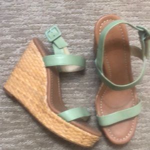 Kate Spade mint green leather, basket weave wedges